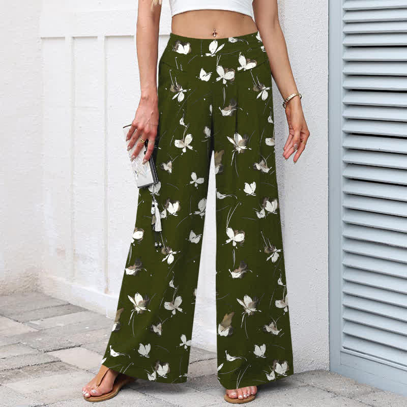 Buddha Stones Baumwoll-Leinen-Hose mit Vintage-Blumenmuster und weißem Schmetterlingsmuster, elastischem Bund, weitem Bein und Taschen - image 5