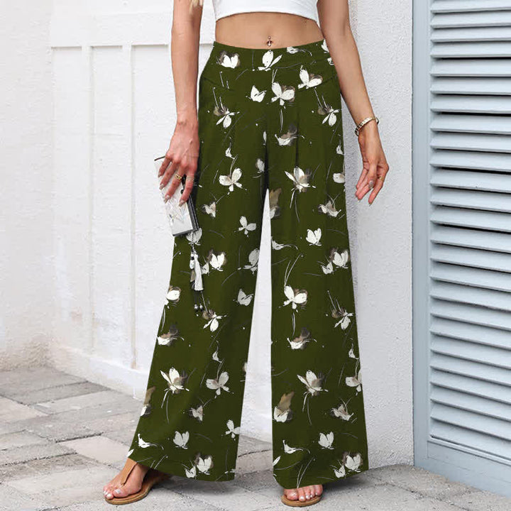 Buddha Stones Baumwoll-Leinen-Hose mit Vintage-Blumenmuster und weißem Schmetterlingsmuster, elastischem Bund, weitem Bein und Taschen - image 5