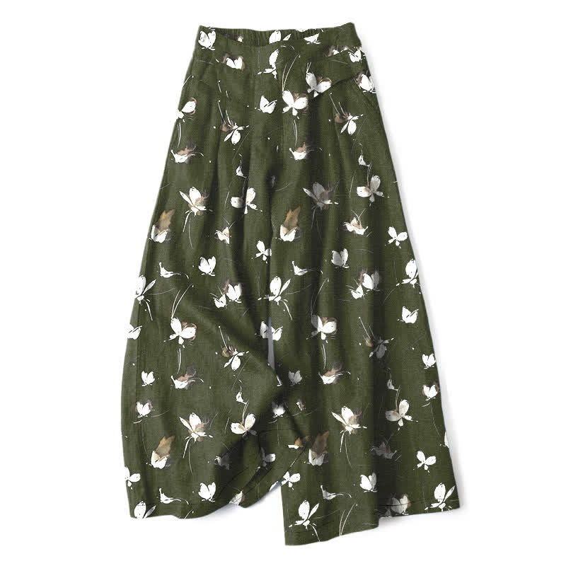 Buddha Stones Baumwoll-Leinen-Hose mit Vintage-Blumenmuster und weißem Schmetterlingsmuster, elastischem Bund, weitem Bein und Taschen - Dunkelolivgrün - US16, UK/AU20, EU48 (3XL) - image 4