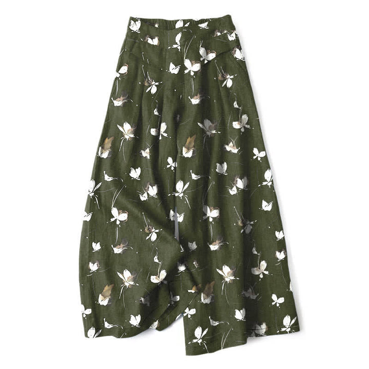 Buddha Stones Baumwoll-Leinen-Hose mit Vintage-Blumenmuster und weißem Schmetterlingsmuster, elastischem Bund, weitem Bein und Taschen - Dunkelolivgrün - US16, UK/AU20, EU48 (3XL) - image 4