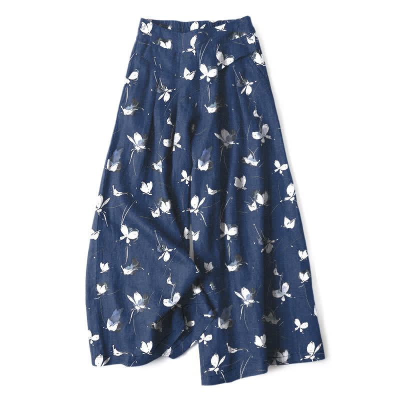Buddha Stones Baumwoll-Leinen-Hose mit Vintage-Blumenmuster und weißem Schmetterlingsmuster, elastischem Bund, weitem Bein und Taschen - Mitternachtsblau - US16, UK/AU20, EU48 (3XL) - image 6