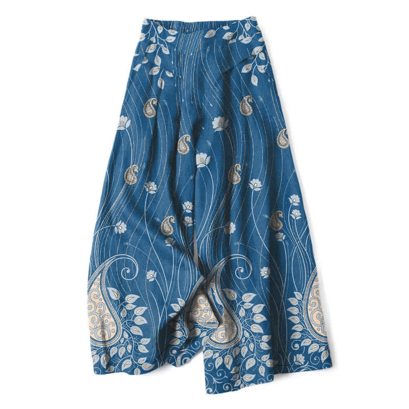 Buddha Stones Damenhose aus Baumwoll-Leinen-Mischgewebe mit Paisley-Blumenmuster, elastischem Bund, weitem Bein und Taschen - SteelBlue - US16, UK/AU20, EU48 (3XL) - image 0