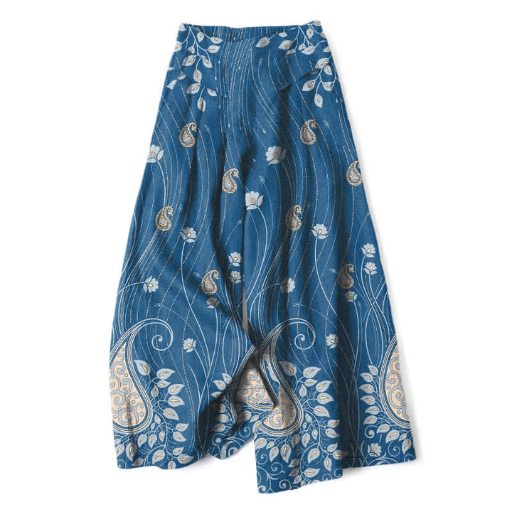 Buddha Stones Damenhose aus Baumwoll-Leinen-Mischgewebe mit Paisley-Blumenmuster, elastischem Bund, weitem Bein und Taschen - SteelBlue - US16, UK/AU20, EU48 (3XL) - image 0