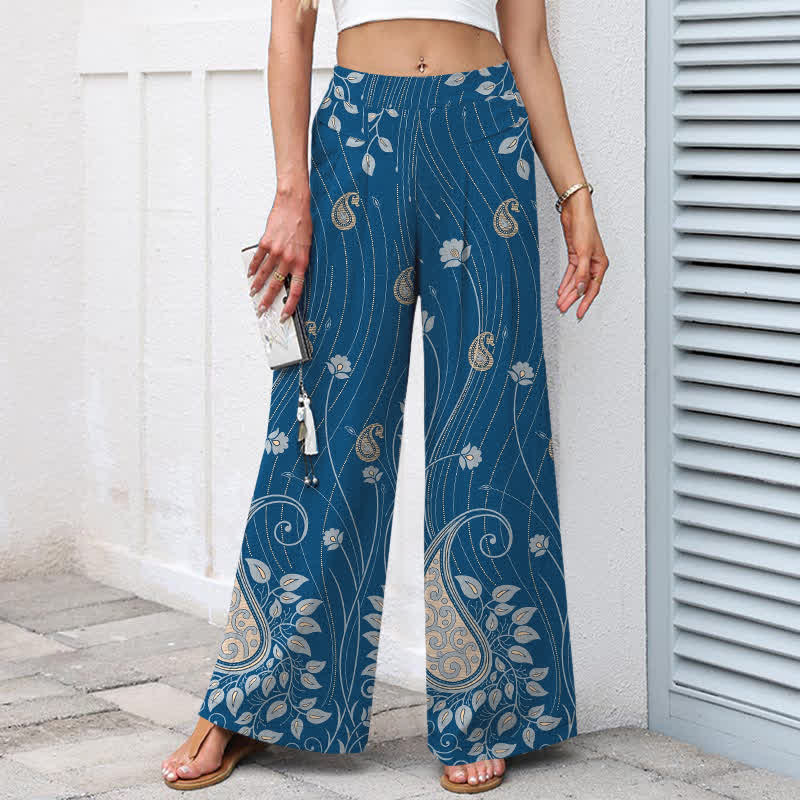 Buddha Stones Damenhose aus Baumwoll-Leinen-Mischgewebe mit Paisley-Blumenmuster, elastischem Bund, weitem Bein und Taschen - image 1