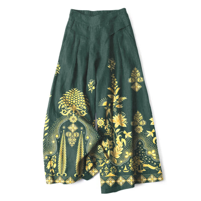 Buddha Stones Damenhose aus Baumwoll-Leinen-Mischgewebe mit goldenem Blumenmuster im Bohème-Stil, elastischem Bund, weitem Bein und Taschen - Dunkelgrün - US16, UK/AU20, EU48 (3XL) - image 0