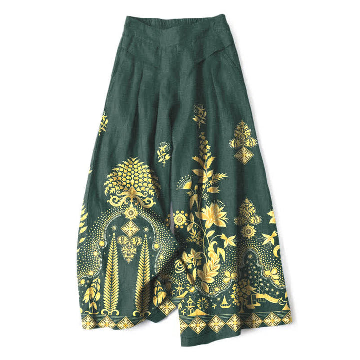 Buddha Stones Damenhose aus Baumwoll-Leinen-Mischgewebe mit goldenem Blumenmuster im Bohème-Stil, elastischem Bund, weitem Bein und Taschen - Dunkelgrün - US16, UK/AU20, EU48 (3XL) - image 0