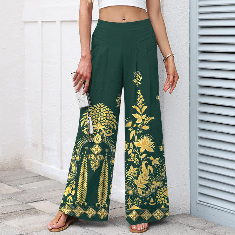 Buddha Stones Damenhose aus Baumwoll-Leinen-Mischgewebe mit goldenem Blumenmuster im Bohème-Stil, elastischem Bund, weitem Bein und Taschen - image 1
