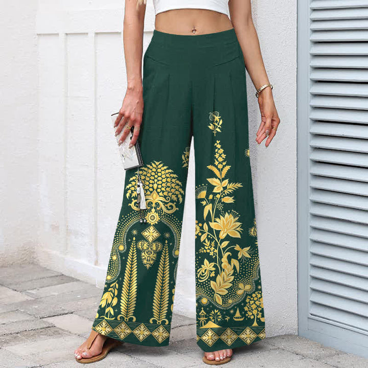 Buddha Stones Damenhose aus Baumwoll-Leinen-Mischgewebe mit goldenem Blumenmuster im Bohème-Stil, elastischem Bund, weitem Bein und Taschen - image 1
