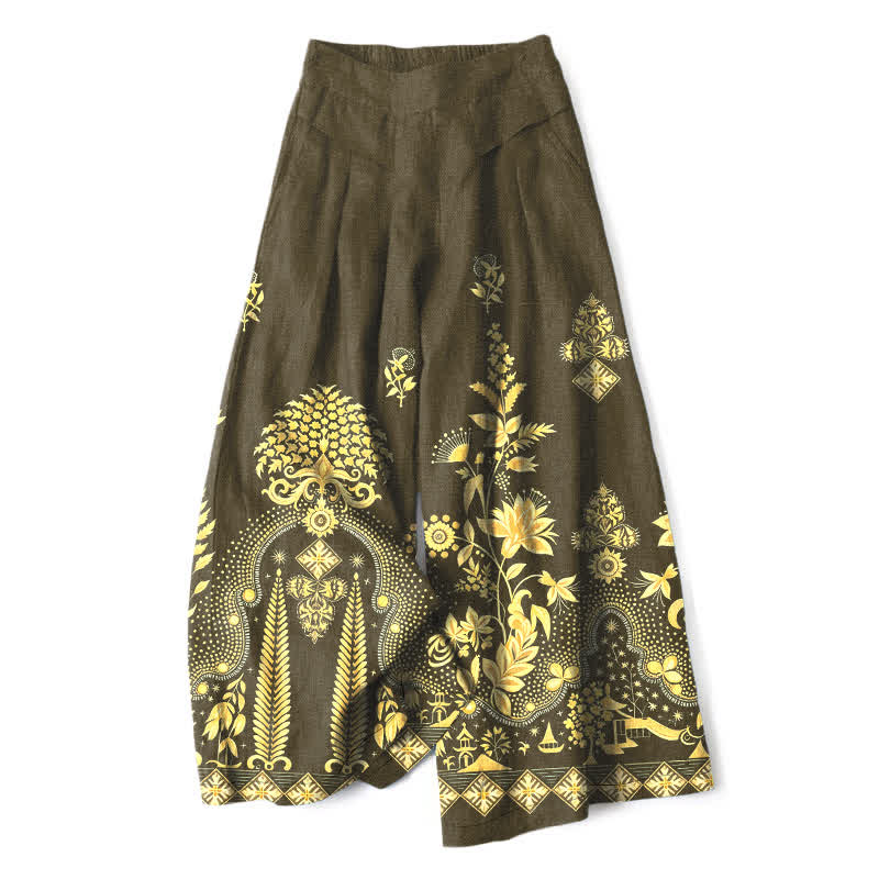 Buddha Stones Damenhose aus Baumwoll-Leinen-Mischgewebe mit goldenem Blumenmuster im Bohème-Stil, elastischem Bund, weitem Bein und Taschen - Dunkelolivgrün - US16, UK/AU20, EU48 (3XL) - image 4