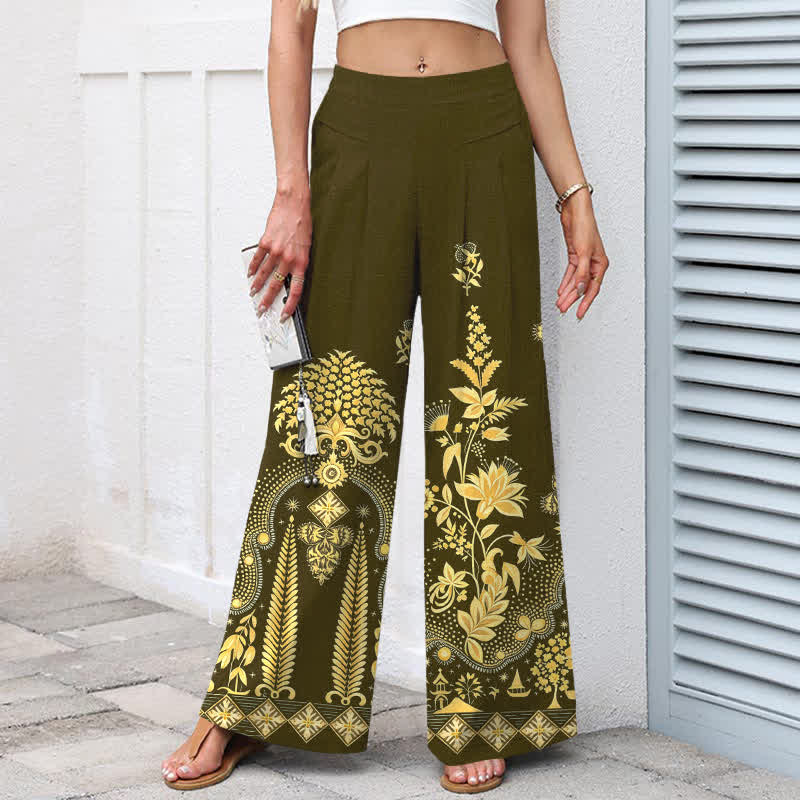 Buddha Stones Damenhose aus Baumwoll-Leinen-Mischgewebe mit goldenem Blumenmuster im Bohème-Stil, elastischem Bund, weitem Bein und Taschen - image 5