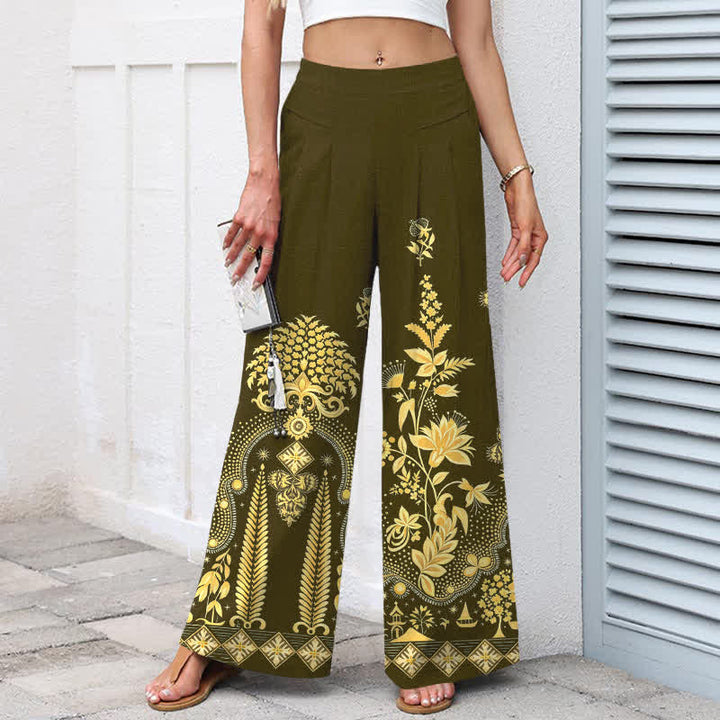 Buddha Stones Damenhose aus Baumwoll-Leinen-Mischgewebe mit goldenem Blumenmuster im Bohème-Stil, elastischem Bund, weitem Bein und Taschen - image 5