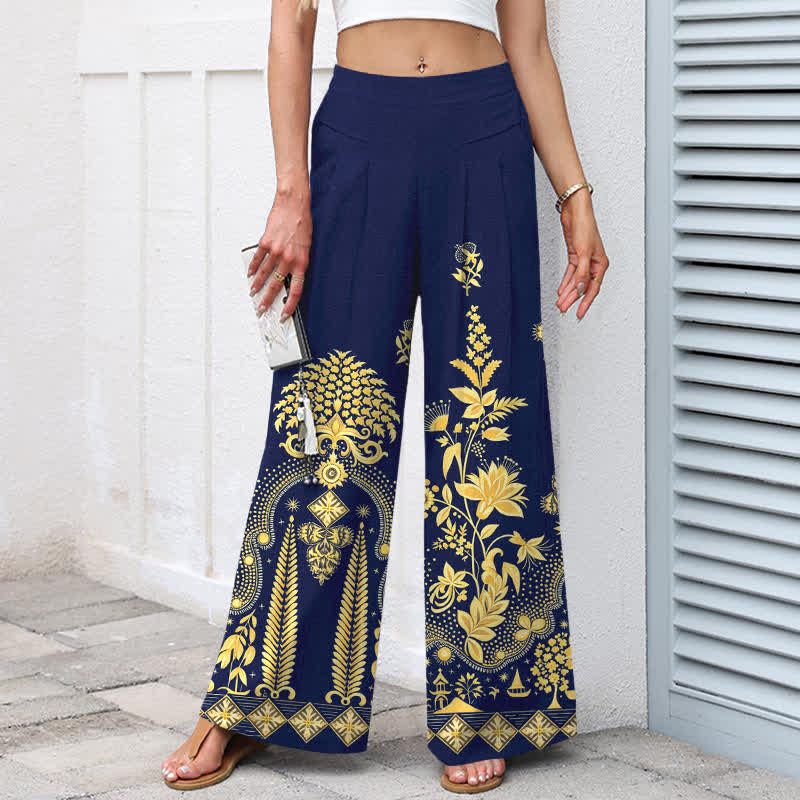 Buddha Stones Damenhose aus Baumwoll-Leinen-Mischgewebe mit goldenem Blumenmuster im Bohème-Stil, elastischem Bund, weitem Bein und Taschen - image 7