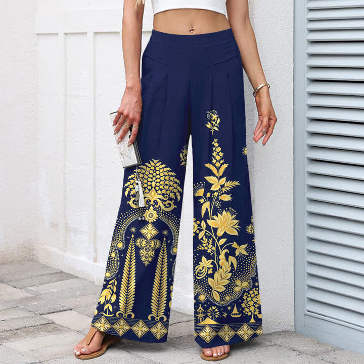 Buddha Stones Damenhose aus Baumwoll-Leinen-Mischgewebe mit goldenem Blumenmuster im Bohème-Stil, elastischem Bund, weitem Bein und Taschen - image 7