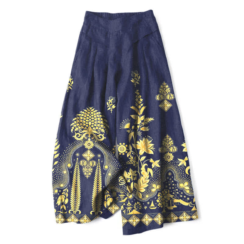 Buddha Stones Damenhose aus Baumwoll-Leinen-Mischgewebe mit goldenem Blumenmuster im Bohème-Stil, elastischem Bund, weitem Bein und Taschen - Marine - US16, UK/AU20, EU48 (3XL) - image 6