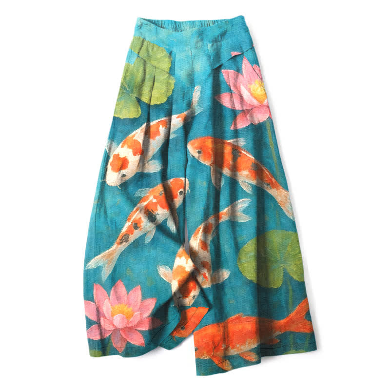 Buddha Stones Baumwoll-Leinen-Hose mit rotem und weißem Koi-Fisch- und rosa Lotusmuster, elastischem Bund, weitem Bein und Taschen - Dunkeltürkis - US16, UK/AU20, EU48 (3XL) - image 0