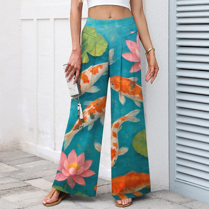 Buddha Stones Baumwoll-Leinen-Hose mit rotem und weißem Koi-Fisch- und rosa Lotusmuster, elastischem Bund, weitem Bein und Taschen - image 1