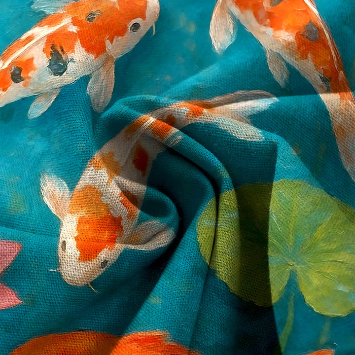 Buddha Stones Baumwoll-Leinen-Hose mit rotem und weißem Koi-Fisch- und rosa Lotusmuster, elastischem Bund, weitem Bein und Taschen - image 3