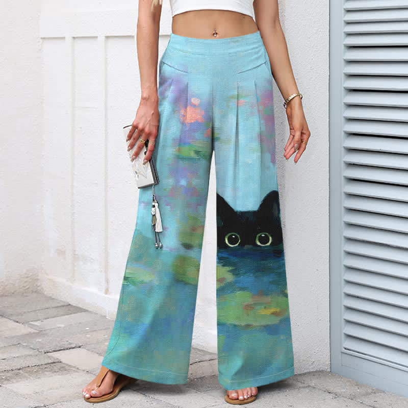 Buddha Stones Baumwoll-Leinen-Mischgewebe, verspieltes schwarzes Katzen-Lotusteich-Muster, Damenhose mit elastischem Bund, weitem Bein und Taschen - image 1