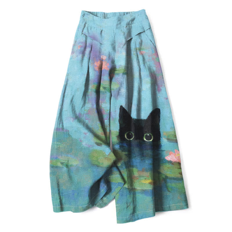 Buddha Stones Baumwoll-Leinen-Mischgewebe, verspieltes schwarzes Katzen-Lotusteich-Muster, Damenhose mit elastischem Bund, weitem Bein und Taschen - Hellblau - US16, UK/AU20, EU48 (3XL) - image 0