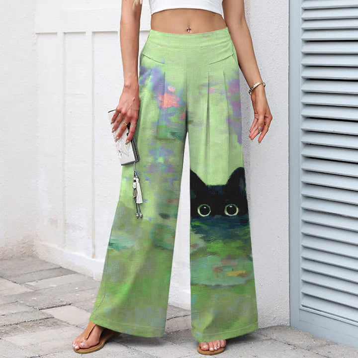 Buddha Stones Baumwoll-Leinen-Mischgewebe, verspieltes schwarzes Katzen-Lotusteich-Muster, Damenhose mit elastischem Bund, weitem Bein und Taschen - image 5