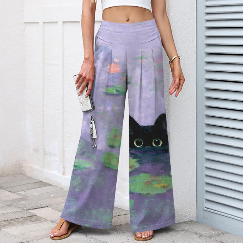 Buddha Stones Baumwoll-Leinen-Mischgewebe, verspieltes schwarzes Katzen-Lotusteich-Muster, Damenhose mit elastischem Bund, weitem Bein und Taschen - image 7