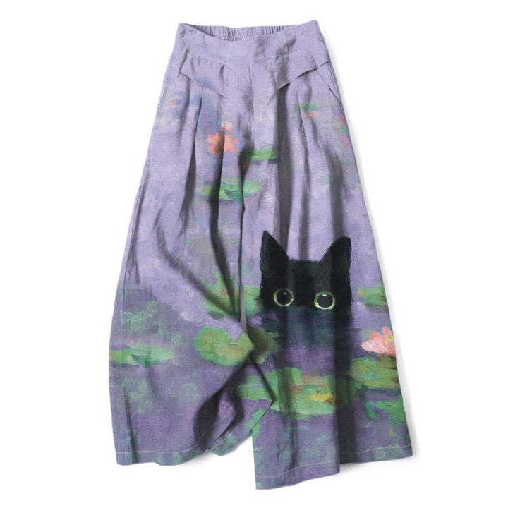 Buddha Stones Baumwoll-Leinen-Mischgewebe, verspieltes schwarzes Katzen-Lotusteich-Muster, Damenhose mit elastischem Bund, weitem Bein und Taschen - Lavendel - US16, UK/AU20, EU48 (3XL) - image 6