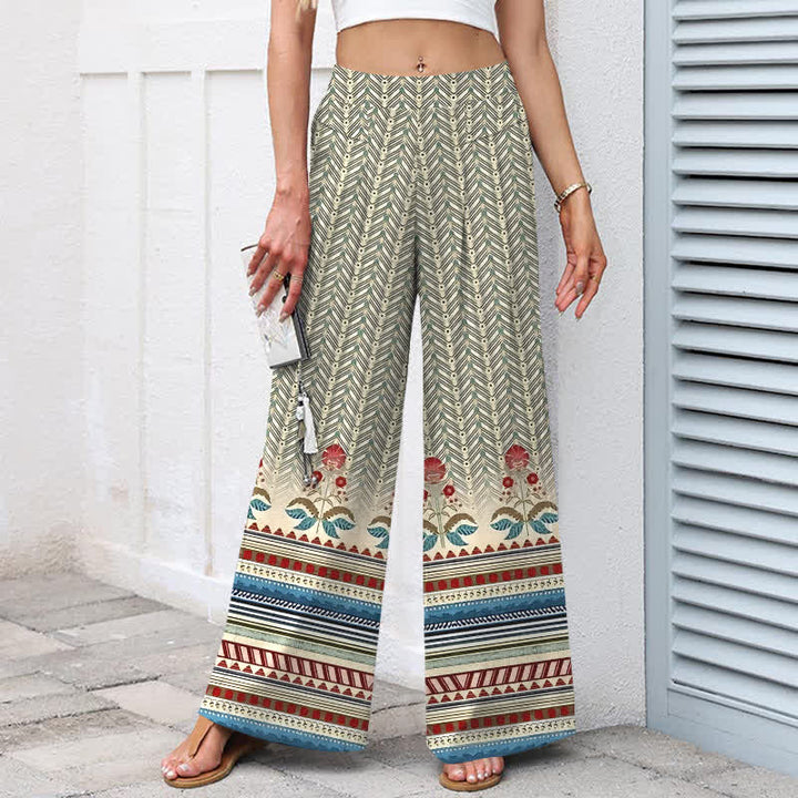 Buddha Stones Damenhose aus Baumwoll-Leinen-Mischgewebe mit geometrischem Zickzackmuster im Bohème-Stil, elastischem Bund, weitem Bein und Taschen - image 1