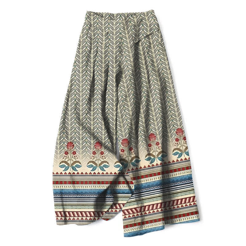 Buddha Stones Damenhose aus Baumwoll-Leinen-Mischgewebe mit geometrischem Zickzackmuster im Bohème-Stil, elastischem Bund, weitem Bein und Taschen - Weizen - US16, UK/AU20, EU48 (3XL) - image 0