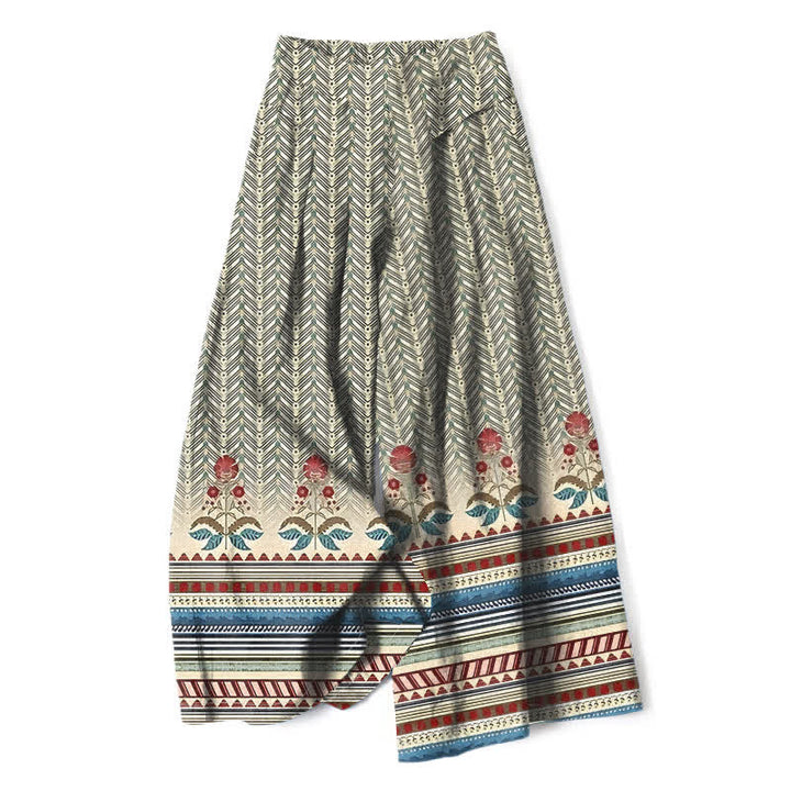 Buddha Stones Damenhose aus Baumwoll-Leinen-Mischgewebe mit geometrischem Zickzackmuster im Bohème-Stil, elastischem Bund, weitem Bein und Taschen - Weizen - US16, UK/AU20, EU48 (3XL) - image 0