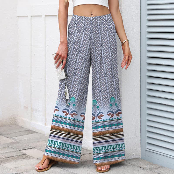 Buddha Stones Damenhose aus Baumwoll-Leinen-Mischgewebe mit geometrischem Zickzackmuster im Bohème-Stil, elastischem Bund, weitem Bein und Taschen - image 5