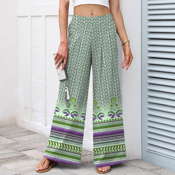 Buddha Stones Damenhose aus Baumwoll-Leinen-Mischgewebe mit geometrischem Zickzackmuster im Bohème-Stil, elastischem Bund, weitem Bein und Taschen - image 7