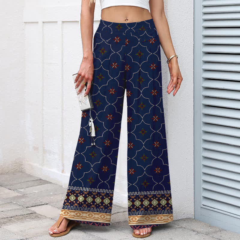 Buddha Stones Damenhose aus Baumwoll-Leinen-Mischgewebe mit geometrischem Blumenmuster im Bohème-Stil, elastischem Bund, weitem Bein und Taschen - image 1