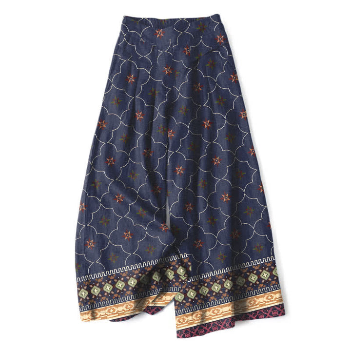 Buddha Stones Damenhose aus Baumwoll-Leinen-Mischgewebe mit geometrischem Blumenmuster im Bohème-Stil, elastischem Bund, weitem Bein und Taschen - Mitternachtsblau - US16, UK/AU20, EU48 (3XL) - image 0