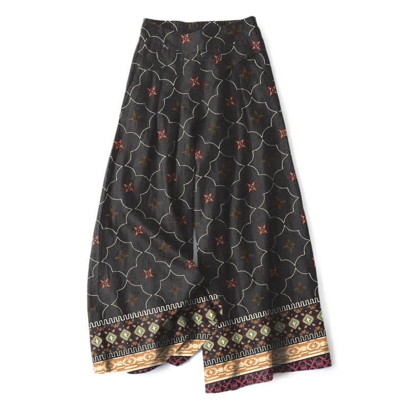 Buddha Stones Damenhose aus Baumwoll-Leinen-Mischgewebe mit geometrischem Blumenmuster im Bohème-Stil, elastischem Bund, weitem Bein und Taschen - Schwarz - US16, UK/AU20, EU48 (3XL) - image 4
