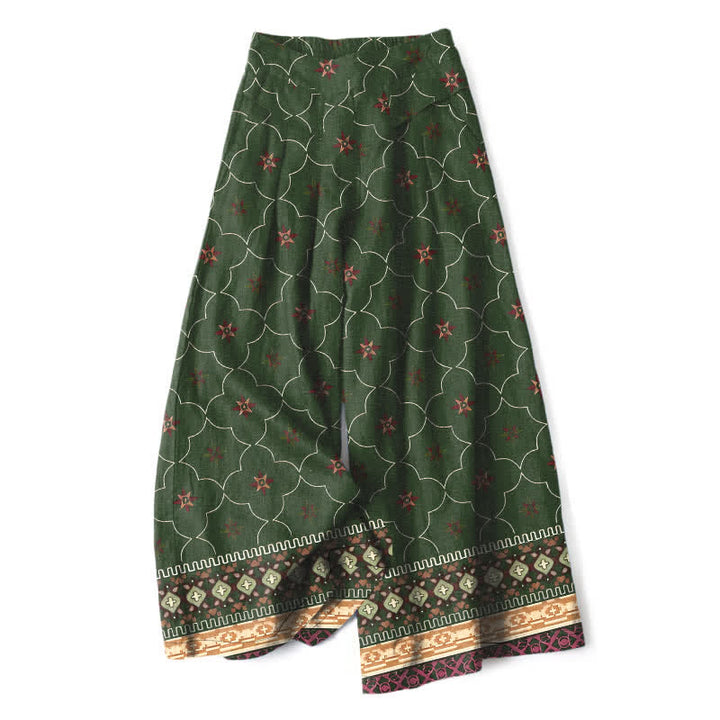 Buddha Stones Damenhose aus Baumwoll-Leinen-Mischgewebe mit geometrischem Blumenmuster im Bohème-Stil, elastischem Bund, weitem Bein und Taschen - Dunkelolivgrün - US16, UK/AU20, EU48 (3XL) - image 6