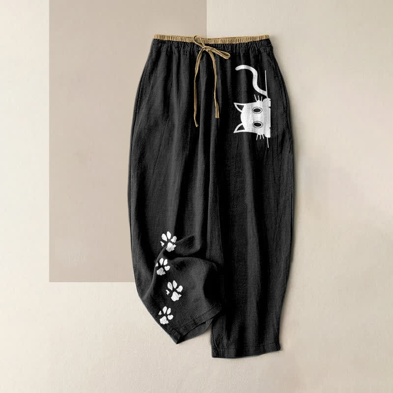 Buddha Stones Damenhose aus reiner Baumwolle mit niedlichem Katzenpfotenmuster, elastischem Bund und Taschen - Schwarz - US16, UK/AU20, EU48 (3XL) - image 0
