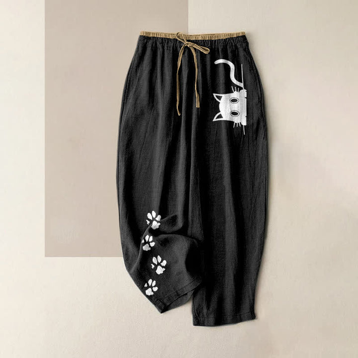Buddha Stones Damenhose aus reiner Baumwolle mit niedlichem Katzenpfotenmuster, elastischem Bund und Taschen - Schwarz - US16, UK/AU20, EU48 (3XL) - image 0