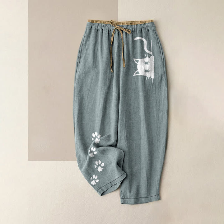 Buddha Stones Damenhose aus reiner Baumwolle mit niedlichem Katzenpfotenmuster, elastischem Bund und Taschen - Hellblau - US16, UK/AU20, EU48 (3XL) - image 4
