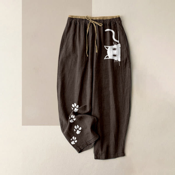 Buddha Stones Damenhose aus reiner Baumwolle mit niedlichem Katzenpfotenmuster, elastischem Bund und Taschen - Sattelbraun - US16, UK/AU20, EU48 (3XL) - image 8