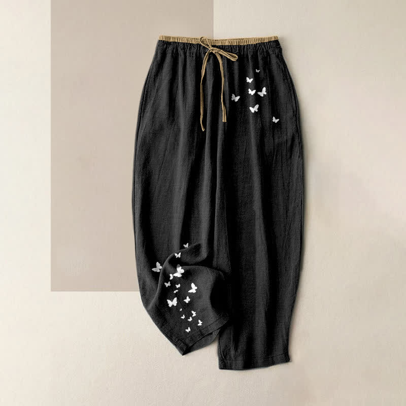 Buddha Stones Weiße Damenhose aus reiner Baumwolle mit Schmetterlingsmuster, elastischem Bund und Taschen - Schwarz - US16, UK/AU20, EU48 (3XL) - image 4