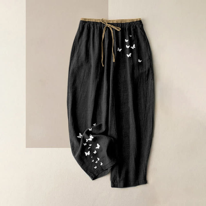 Buddha Stones Weiße Damenhose aus reiner Baumwolle mit Schmetterlingsmuster, elastischem Bund und Taschen - Schwarz - US16, UK/AU20, EU48 (3XL) - image 4