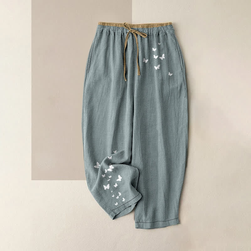 Buddha Stones Weiße Damenhose aus reiner Baumwolle mit Schmetterlingsmuster, elastischem Bund und Taschen - Hellblau - US16, UK/AU20, EU48 (3XL) - image 0