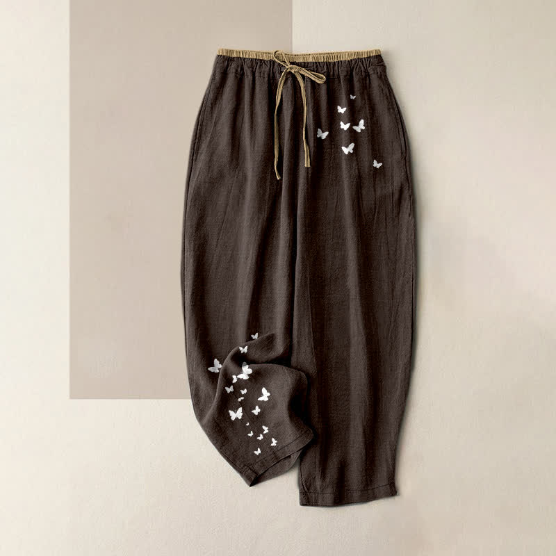 Buddha Stones Weiße Damenhose aus reiner Baumwolle mit Schmetterlingsmuster, elastischem Bund und Taschen - Sattelbraun - US16, UK/AU20, EU48 (3XL) - image 8