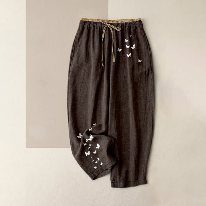 Buddha Stones Weiße Damenhose aus reiner Baumwolle mit Schmetterlingsmuster, elastischem Bund und Taschen - Sattelbraun - US16, UK/AU20, EU48 (3XL) - image 8