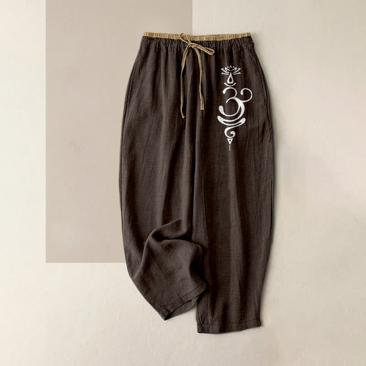 Buddha Stones Damenhose aus reiner Baumwolle mit heiligem Om-Lotusmuster, elastischem Bund und Taschen - Sattelbraun - US16, UK/AU20, EU48 (3XL) - image 0