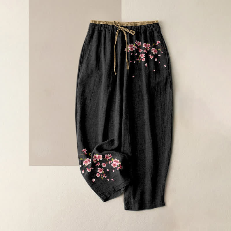 Buddha Stones Damenhose aus reiner Baumwolle mit rosa Blütenmuster, elastischem Bund und Taschen - Schwarz - US16, UK/AU20, EU48 (3XL) - image 0