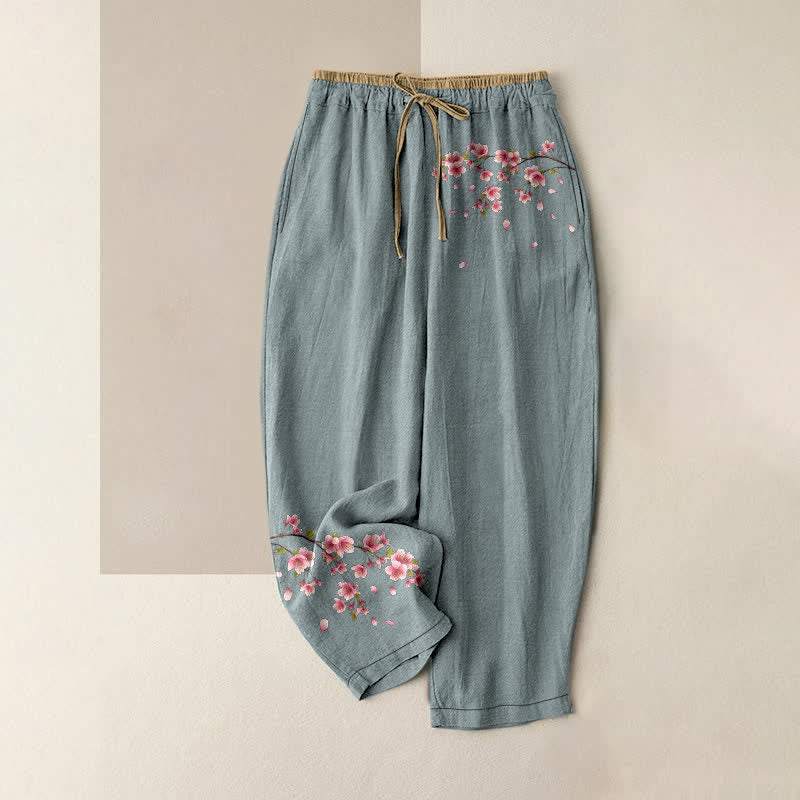 Buddha Stones Damenhose aus reiner Baumwolle mit rosa Blütenmuster, elastischem Bund und Taschen - Hellblau - US16, UK/AU20, EU48 (3XL) - image 4