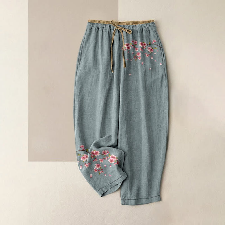 Buddha Stones Damenhose aus reiner Baumwolle mit rosa Blütenmuster, elastischem Bund und Taschen - Hellblau - US16, UK/AU20, EU48 (3XL) - image 4