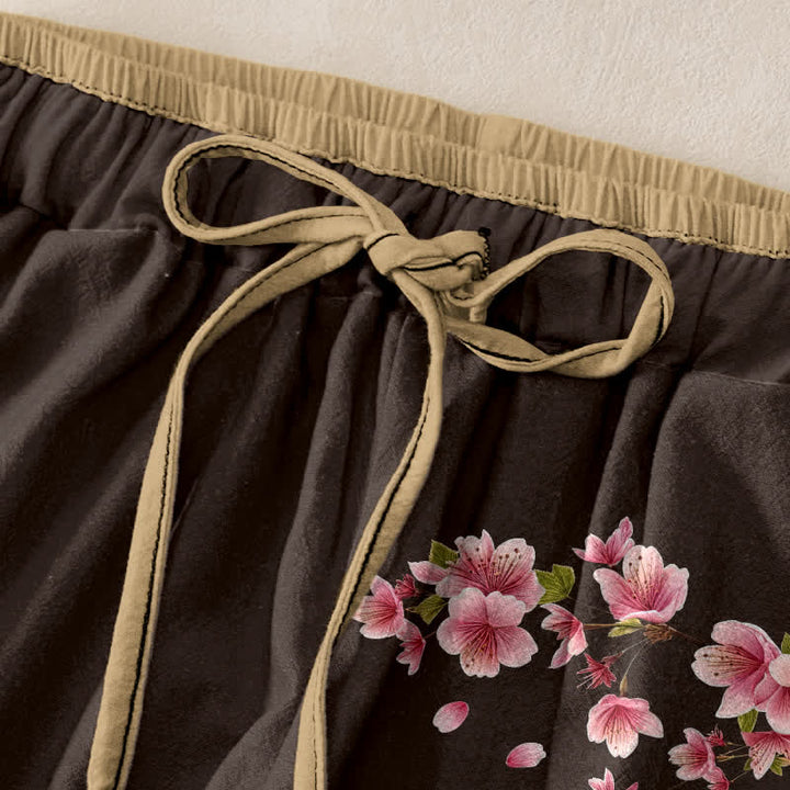Buddha Stones Damenhose aus reiner Baumwolle mit rosa Blütenmuster, elastischem Bund und Taschen - image 9