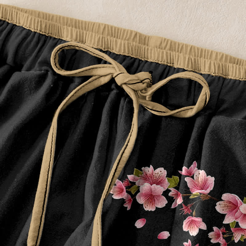 Buddha Stones Damenhose aus reiner Baumwolle mit rosa Blütenmuster, elastischem Bund und Taschen - image 1